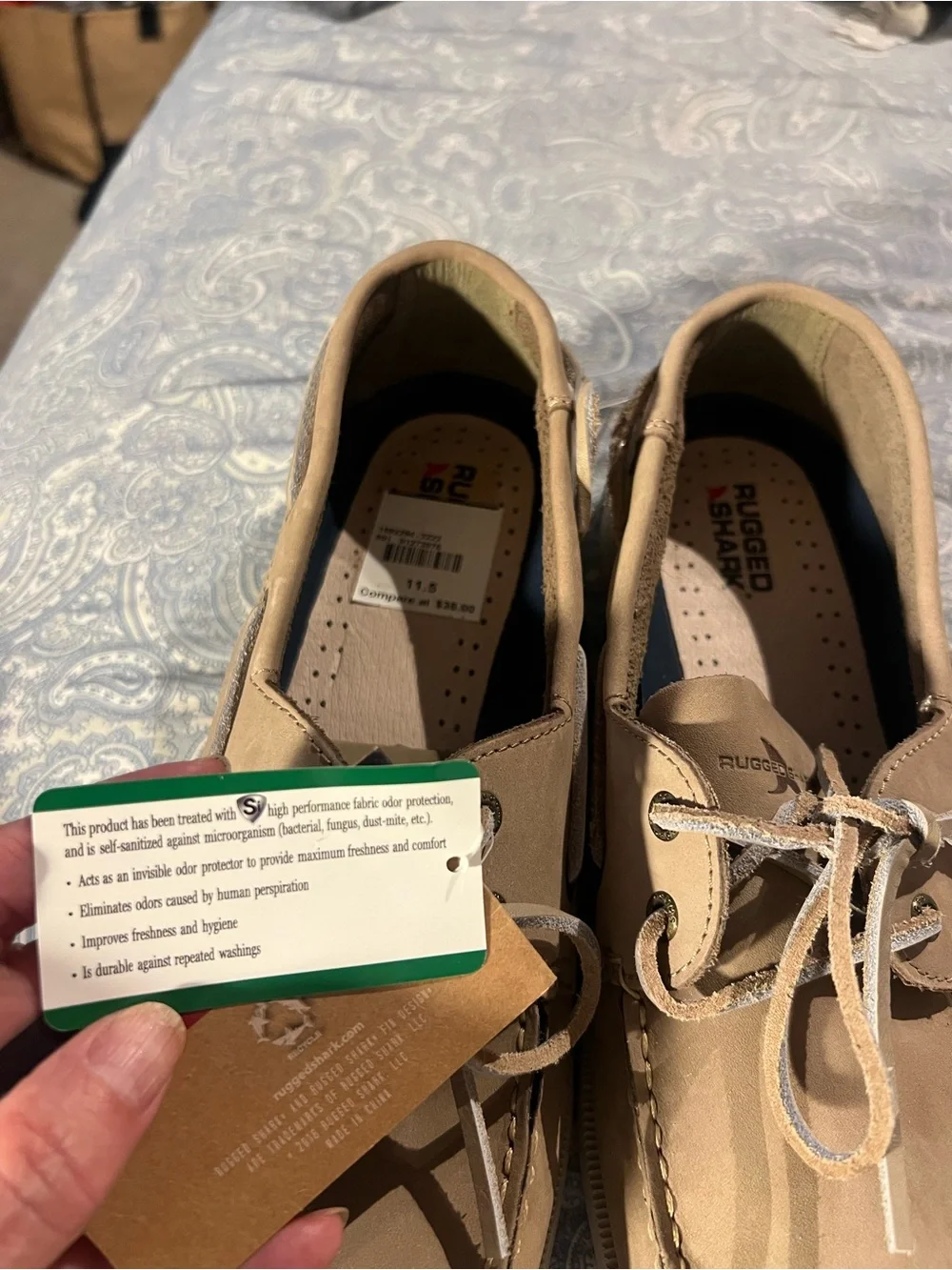 Rugged Shark Sishield Protect, Men’s Size 11.5 Leather Tan Boat Shoe, new/tags